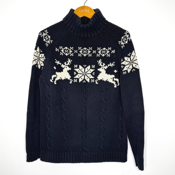 Vintage Lands' End Turtleneck Snowflake/Reindeer Cable knit sweater Large - Picture 1 of 10